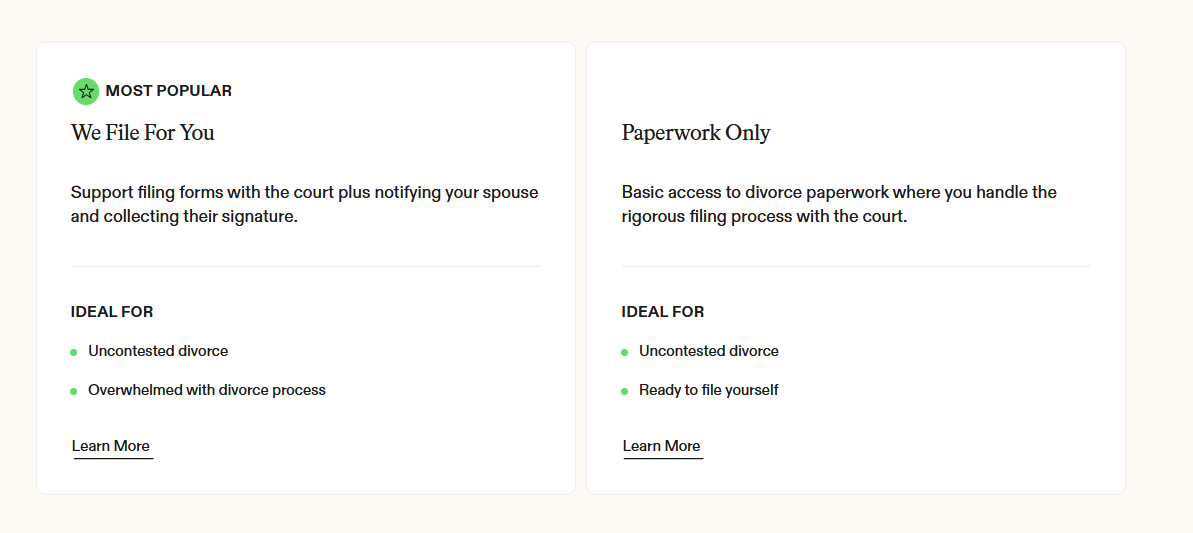 Screenshot of divorce service